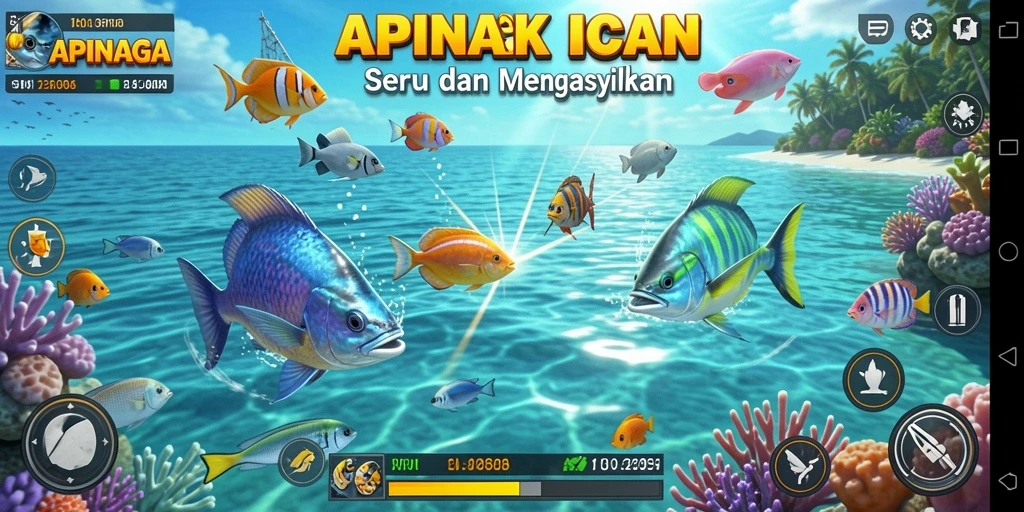 Tampilan gameplay APINAGA dengan aksi menembak ikan yang seru.