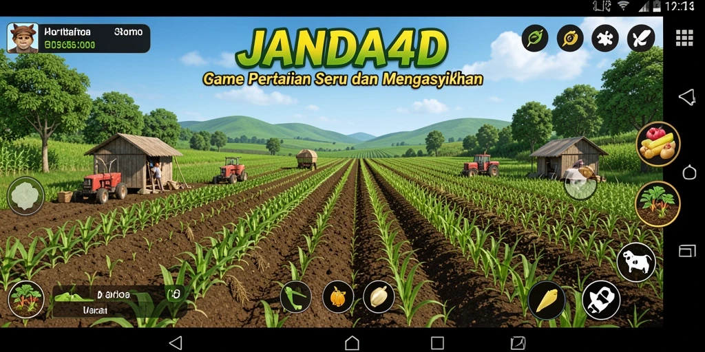 Tampilan gameplay seru dalam JANDA4D saat bertani dan berinteraksi.