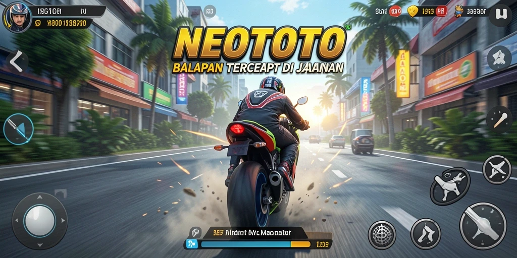 Tampilan gameplay seru NEOTOTO dengan balapan motor yang intens.